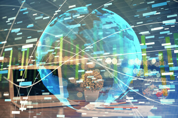 Multi exposure of business theme icons and work space with computer background. Concept of success.