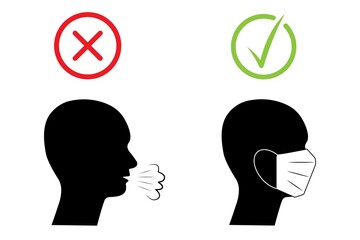 Set of social distancing icons behaviours. Mask wearing rules during Covid-19. Elements with border isolated on white background. Vector illustration for warning sign, wall sticker or infographic.