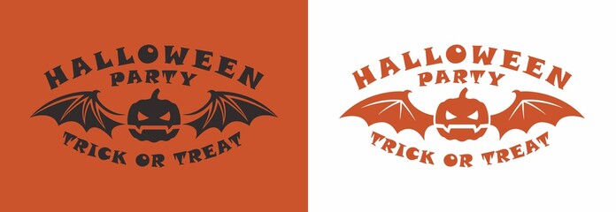 Set of color illustrations of pumpkin, bat wings and text. Vector illustration on a colored background. Halloween holiday illustration for posters, flyers and stickers. Party monsters, witches.