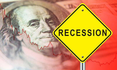 Recession in economy. Road sign with inscription recession. Falling charts as symbol of falling GDP. Concept - forecasts for extension of recession. Franklin's portrait as symbol of financial market.