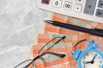 3 cuban pesos convertibles bills and calculator with glasses and pen. Business loan or tax payment...