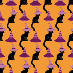 Black cats and witch hats seamless pattern