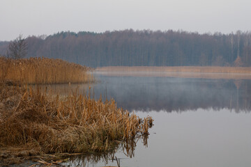Morning fog on the lake, sunrise shot