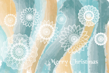 Watercolor christmas mandala card. Gold and turquoise colors.