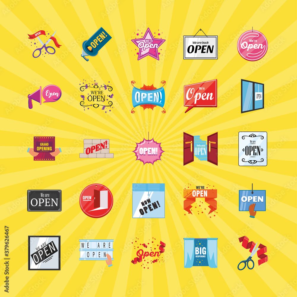 Poster we are open detailed style icons group vector design