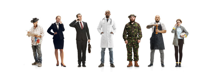 Group of people with different professions isolated on white studio background, horizontal. Modern workers of diverse occupations, male and female models like accountant, butcher, doctor, businessman.