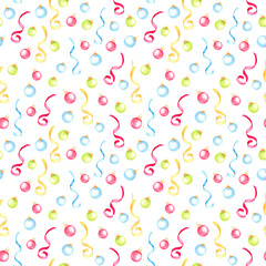 Watercolor hand painted seamless pattern with colored  christmas ball and ribbons.