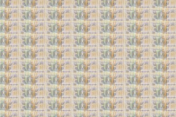 25 Egyptian piastres bills printed in money production conveyor. Collage of many bills. Concept of...