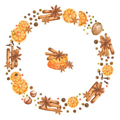 Christmas wreath of watercolor mulled wine ingredients: oranges, anise stars, pepper, сloves, nuts and cinnamon sticks.