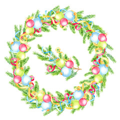 Watercolor hand painted Christmas wreath with  fir tree branches and christmas balls.