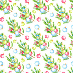 Seamless pattern with fir tree branches,  christmas balls and ribbons. Christmas background.