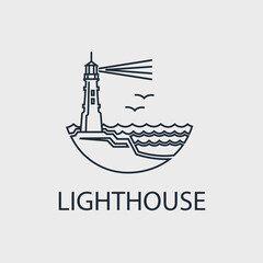 abstract lighthouse line icon with ocean waves and seagulls isolated on white background