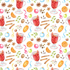 Watercolor seamless pattern with anise stars, oranges, cinnamon sticks and mulled wine. Christmas background.