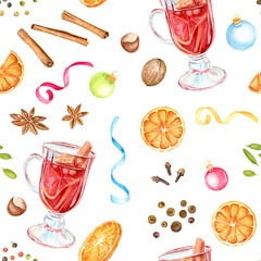 Watercolor seamless pattern with anise stars, oranges, cinnamon sticks and mulled wine. Christmas background.