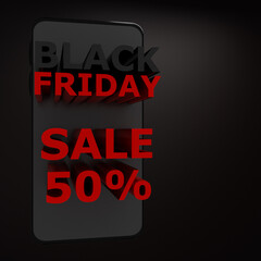 Concept Black Friday Super Sale poster banner with smart phone and 3d logo. 3d rendering