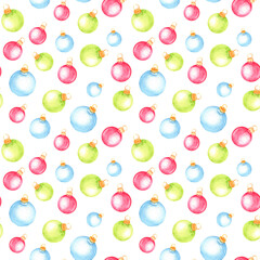 Watercolor hand painted seamless pattern with colored christmas balls.