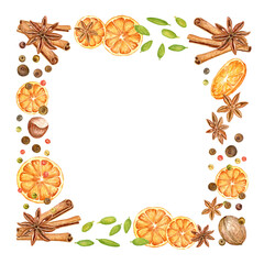 Watercolor Christmas wreath with oranges, anise stars and cinnamon sticks.