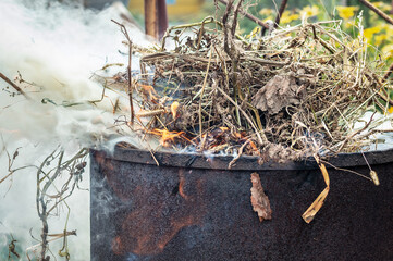 Garbage incineration in rusty metal barrel with release of large amount of smoke. Burning dry grass in a barrel in the garden