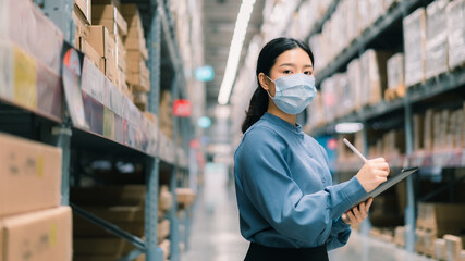 Fototapeta na wymiar Young smart Asian business working woman wear surgical mask using digital tablet to check goods on shelves for inventory management in warehouse, Logistics business planning concept with copy space