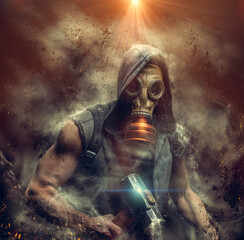 Male in a gas mask and a sledgehammer in his hand shrouded in smoke