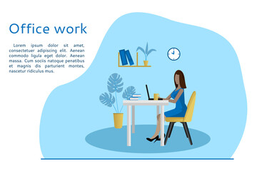 Girl working in her office. Buisness process. Office life, business, programmer. Data analysis. Brainstorming, meetings. Vector flat style illustration