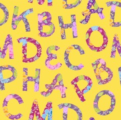 Floral letters, seamless pattern, yellow. Lilac letters with flowers and leaves. Uppercase handwritten letters. Vector.  