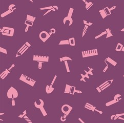 Hand tools, construction, seamless pattern, color, purple. Pink icons on a purple field. Colored flat background. Vector.  