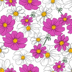 Seamless pattern sketch pink and white chamomile flowers design print blue background for textile and fabric ornament vector illustration