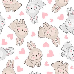 Seamless Pattern Rabbit and pink heart background bunny print design textile for kids fashion vector