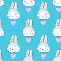 Seamless Pattern Rabbit and heart blue background bunny print design textile for kids fashion vector