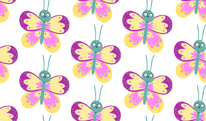 Seamless pattern with cute butterflies with funny surprised eyes. Vector illustration can be used for fabric, wrapping, wallpapers, web page backgrounds, textile.