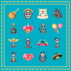 Mexican day of dead detailed style icons collection vector design