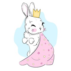 Hand drawn cute bunny in a crown and a mantle with stars princess childish rabbit print for baby products vector illustration