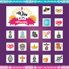 Mexican day of dead detailed style symbols set vector design