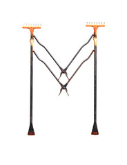 Fork and pliers tool alphabet letter M character font isolated on white background.