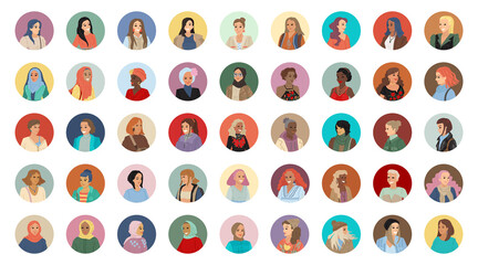 Large set of portraits women, bundle with avatars of girls different nationalities and races. Round portraits. Vector illustration on white backgroun