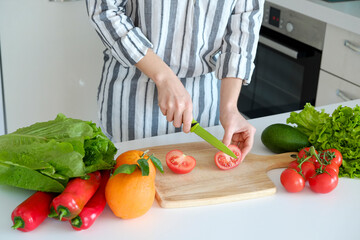 Cropped shot of unrecognizable woman cutting various fruits, vegetables, herbs and greens at her kitchen. Professional cook slicing ingredients. Vegan food concept. Close up, copy space, background.