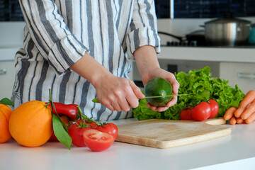 Cropped shot of unrecognizable woman cutting various fruits, vegetables, herbs and greens at her kitchen. Professional cook slicing ingredients. Vegan food concept. Close up, copy space, background.