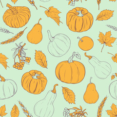 seamless autumn pattern with harvest. seamless pattern with pumpkins, apples, pears and berries
