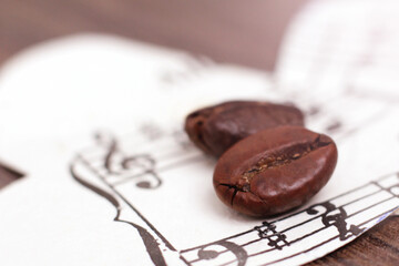 Coffee beans and paper notes, macro