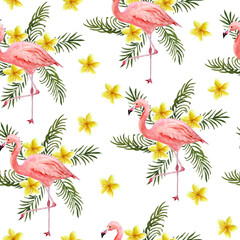 Seamless hand drawn watercolor pattern with pink flamingo, romantic couple in love, palm leaves plumeria frangipani flowers. Tropical exotic bird rose flamingos. Animal illustration. Wedding