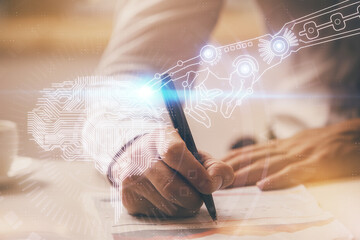 Fototapeta premium Man with multi exposure brain theme icons.