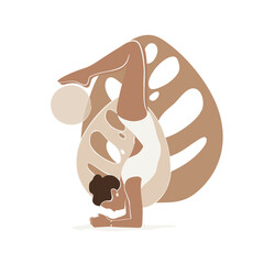 Woman practicing yoga pose, balance asanas. Floral background. Flat concept vector illustration