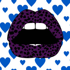 Vector illustration of violet lips on a continuous background of blue hearts on white background. Pattern seamless for shirt design