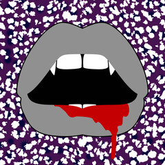 Vector illustration of vampire lips with big teeth and bloody mouth. Childish vector drawing.