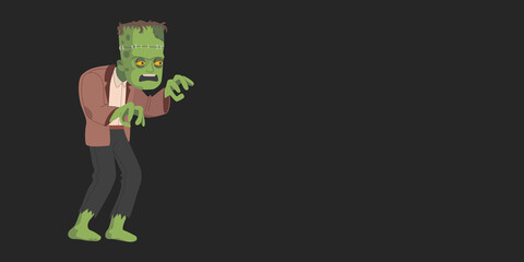 Green scary monster - Frankenstein. Happy Halloween. Banner with place for text