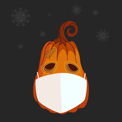 Pumpkin in a protective mask. Coronavirus banner with pumpkin