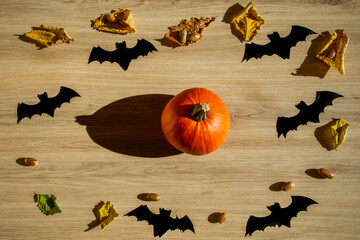 Pumpkin, acorns, yellow leaves, figures of bats on a wooden background.