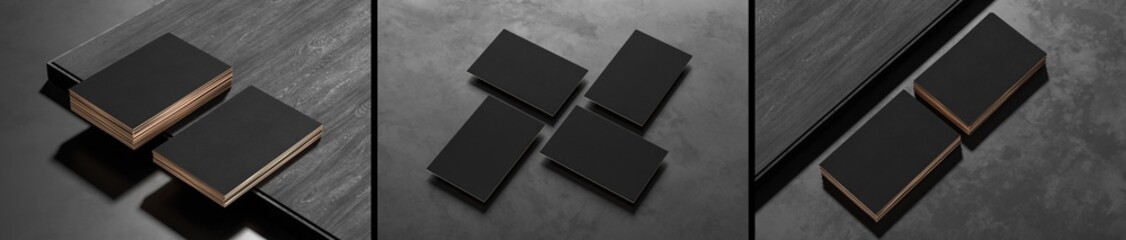 Black business card mock ups isolated on dark background. Three different business card mock ups on dark background. 3D illustration.
