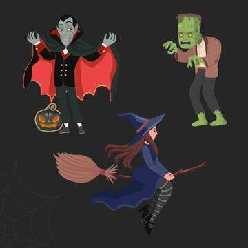 Dracula or vampire, a witch on a broomstick, and a green scary monster - Frankenstein. Happy Halloween